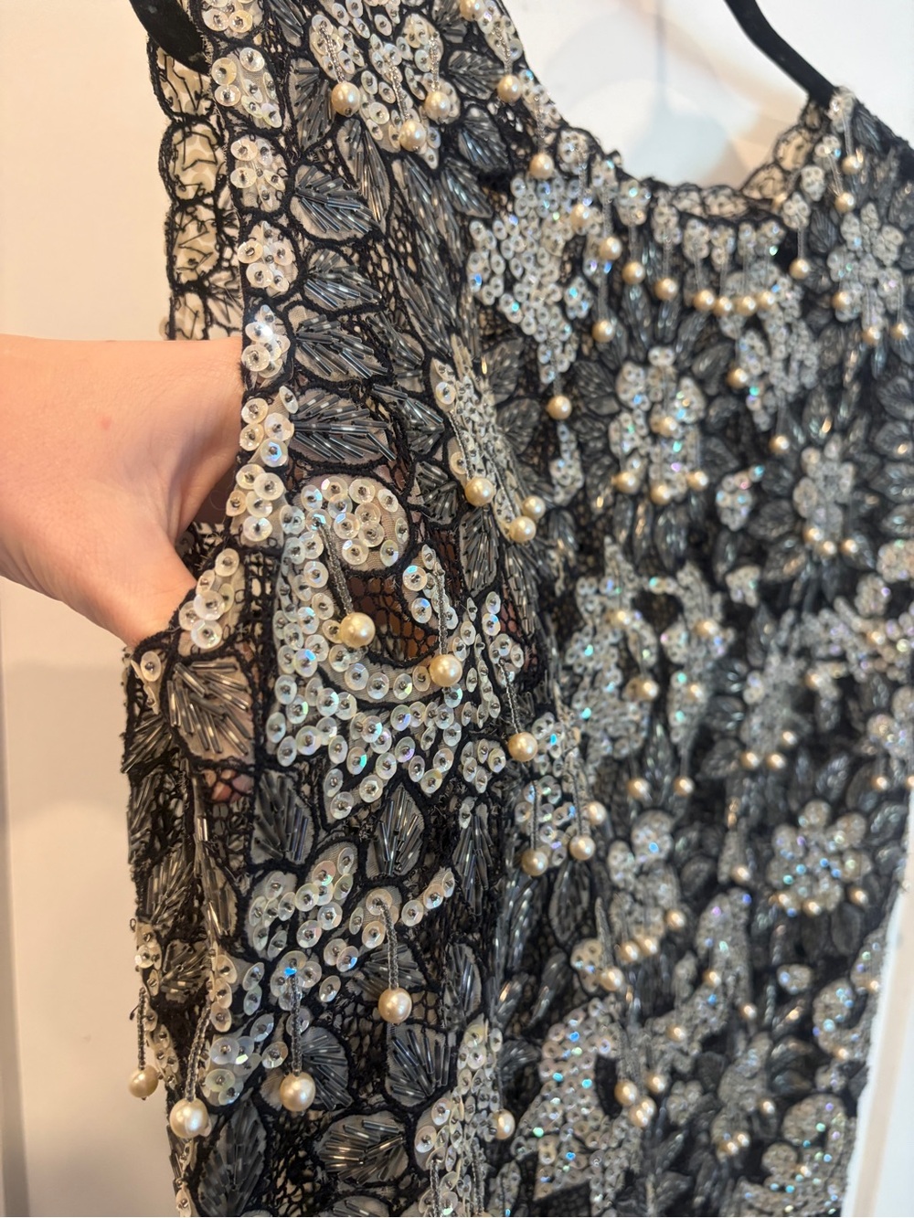 Vintage 60s Embellished Black Floral Beaded and pearls Shift Dress with slip - Picture 3 of 17